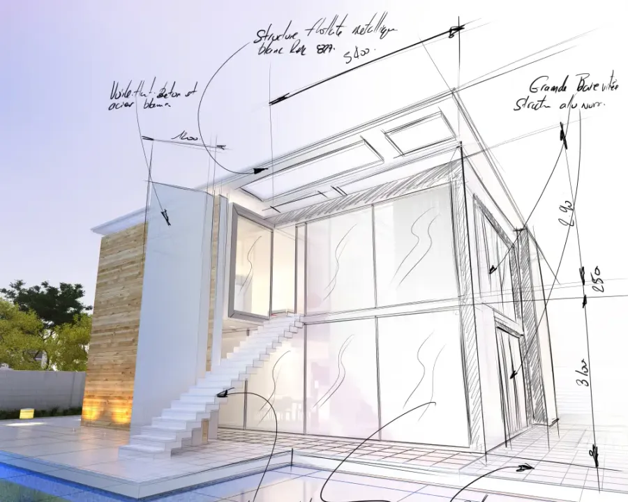 Architekturskizze, die in ein fertiges Haus übergeht